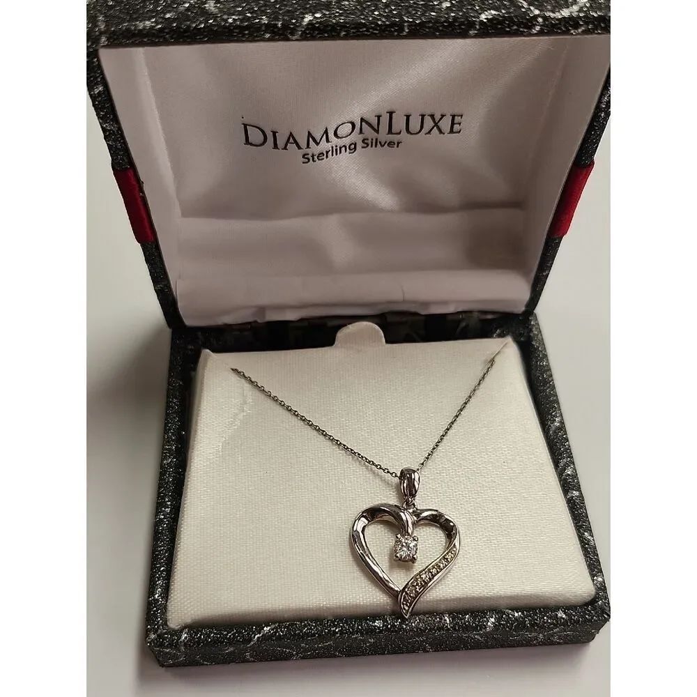 Sterling Silver Heart Pendant with Cz Center Stone And Diamond Accents 925